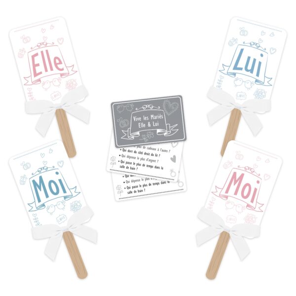 Mettez les mariés à l'épreuve avec le Jeu Elle et Lui ! Un kit complet avec pancartes et questions pour une animation de mariage drôle et mémorable. Succès garanti auprès des invités !