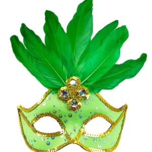Illuminez votre Carnaval avec le Loup Brésilienne ! Orné de grandes plumes et de sequins dorés. Disponible en rose, vert et jaune pour un look festif et tropical.