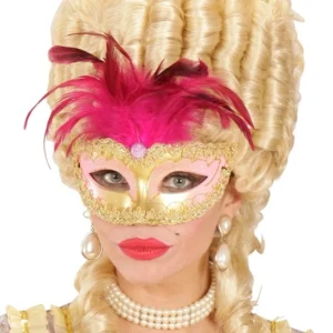 Rayonnez avec le Loup Royal Or ! Masque vénitien orné de dentelle dorée et de plumes fuchsia majestueuses. L'accessoire chic indispensable pour vos bals masqués et carnavals.