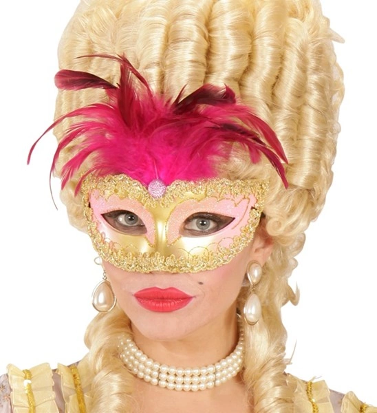 Rayonnez avec le Loup Royal Or ! Masque vénitien orné de dentelle dorée et de plumes fuchsia majestueuses. L'accessoire chic indispensable pour vos bals masqués et carnavals.