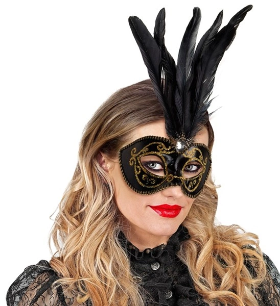 Sublimez votre regard avec le Loup noir et or avec pierre et plumes ! Un masque élégant orné de paillettes dorées et de plumes noires majestueuses. Parfait pour vos bals masqués et carnavals.