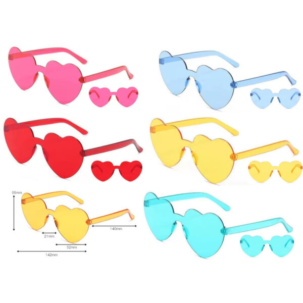 Six paires de lunettes fantaisie en forme de cœur de différentes couleurs : rose, bleu, rouge, jaune, orange et turquoise