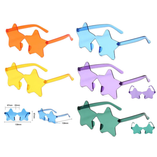 Brillez en soirée avec nos Lunettes forme étoiles ! Disponibles en plusieurs coloris translucides (bleu, jaune, vert...). Design sans monture ultra-léger, parfait pour festivals et anniversaires.