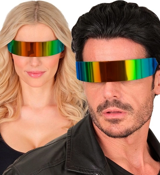 Adoptez un style galactique avec les Lunettes Miroir Arc-en-ciel ! Visière futuriste multicolore avec monture noire. L'accessoire indispensable pour vos festivals et soirées à thème.