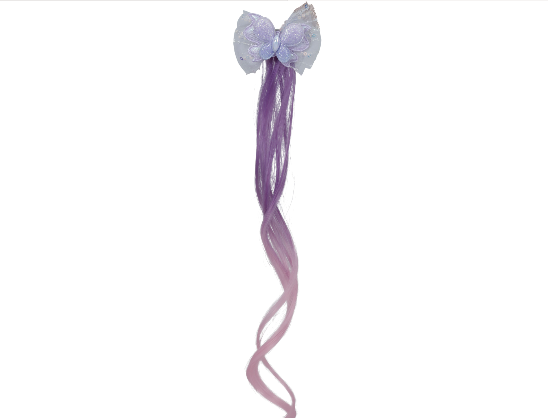 Ajoutez de la magie avec la Mèche Lila à Papillon ! Un dégradé violet/rose et un papillon pailleté sur nœud en tulle. Clip facile pour un look de fée instantané.