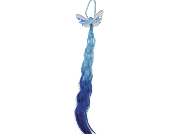 Transformez votre coiffure avec la Mèche Bleue Papillon de 35 cm ! Un dégradé bleu magique et un papillon holographique pour un look de fée instantané. Facile à fixer.