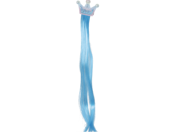 Devenez une princesse avec la Mèche Bleue à Couronne ! Un accessoire de coiffure magique avec tiare scintillante et perles. Facile à clipser pour un look féerique.