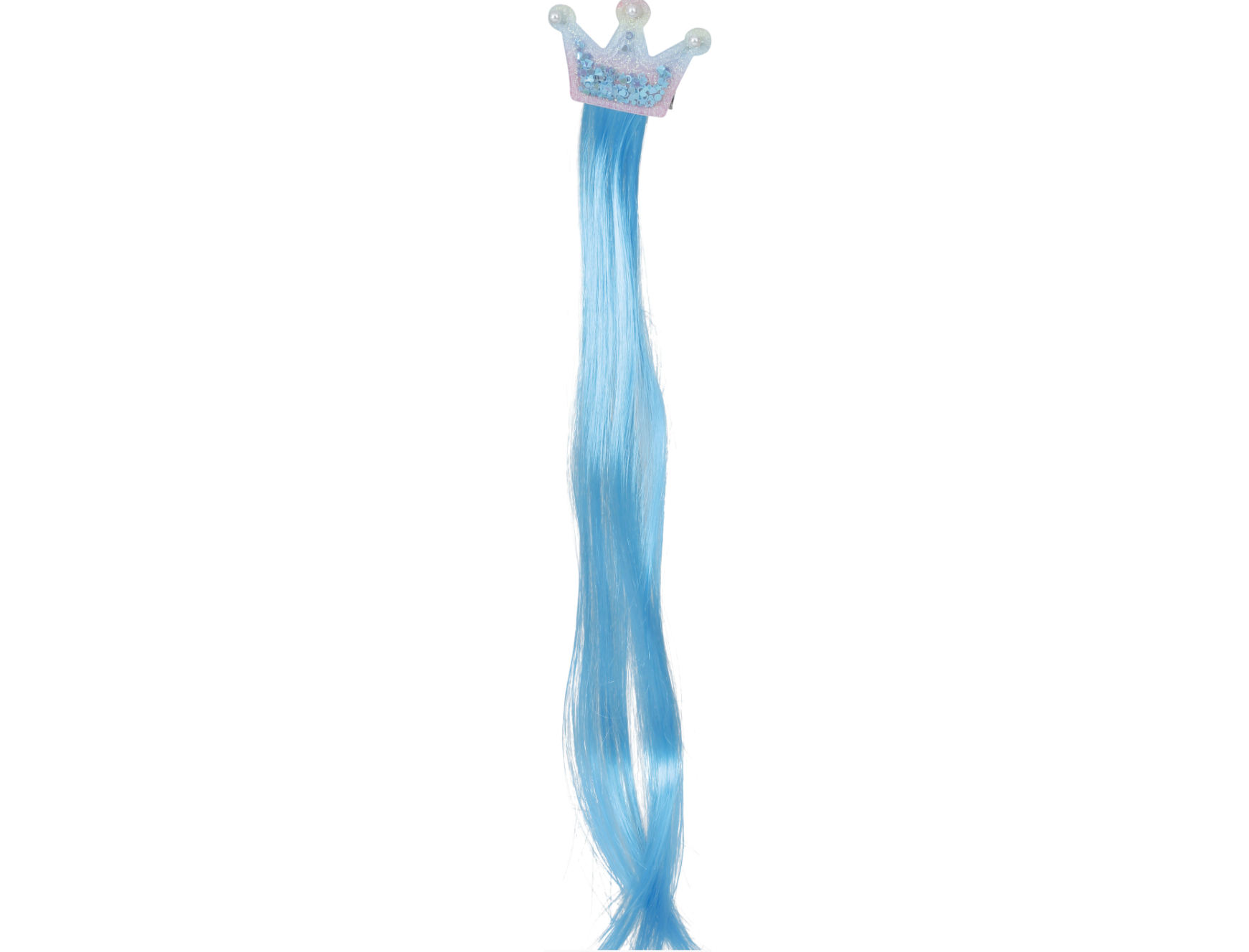 Devenez une princesse avec la Mèche Bleue à Couronne ! Un accessoire de coiffure magique avec tiare scintillante et perles. Facile à clipser pour un look féerique.