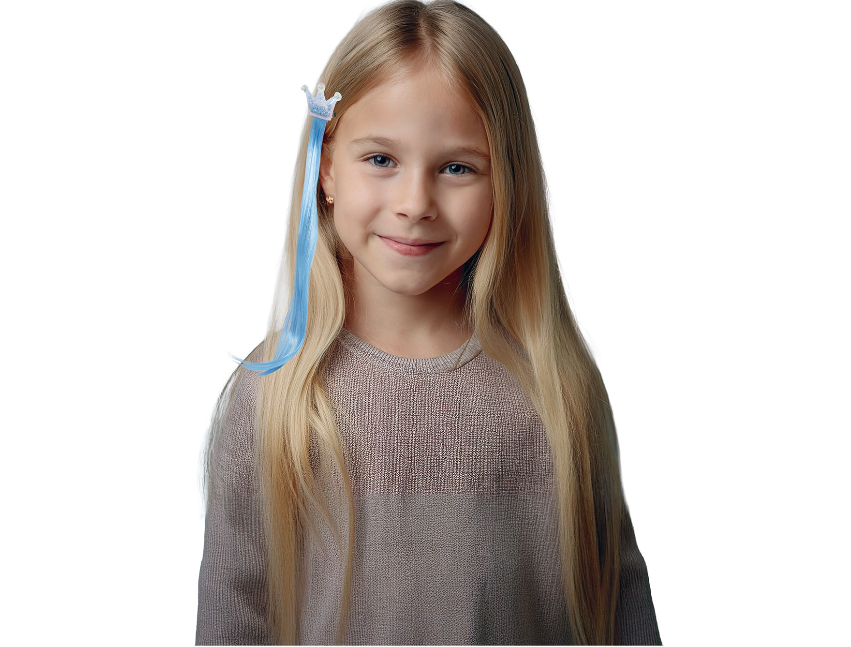 Devenez une princesse avec la Mèche Bleue à Couronne ! Un accessoire de coiffure magique avec tiare scintillante et perles. Facile à clipser pour un look féerique.