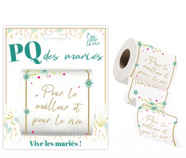 Misez sur l'originalité avec le PQ des Mariés ! Un papier toilette humoristique avec motifs floraux et message doré. Le cadeau idéal pour un mariage ou un EVJF réussi.