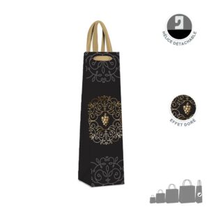 Sublimez vos bouteilles avec cette Pochette Cadeau noire et dorée ! Design raffiné avec grappe de vin effet or. Hauteur 39 cm. L'emballage idéal pour vos cadeaux d'exception.
