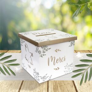 Recueillez vos enveloppes avec élégance grâce à l'Urne Colombe Merci. Design blanc et or avec motifs botaniques. Parfait pour mariages, baptêmes et célébrations.