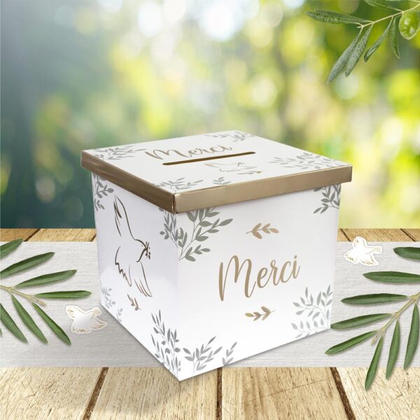 Recueillez vos enveloppes avec élégance grâce à l'Urne Colombe Merci. Design blanc et or avec motifs botaniques. Parfait pour mariages, baptêmes et célébrations.
