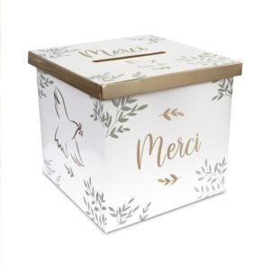 Recueillez vos enveloppes avec élégance grâce à l'Urne Colombe Merci. Design blanc et or avec motifs botaniques. Parfait pour mariages, baptêmes et célébrations.