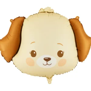 Un ballon en aluminium en forme de tête de chien adorable. Le visage est de couleur crème avec de grandes oreilles marron tombantes, des yeux noirs malicieux, des pommettes roses et un petit museau brun souriant.