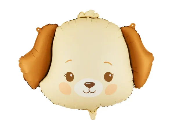 Un ballon en aluminium en forme de tête de chien adorable. Le visage est de couleur crème avec de grandes oreilles marron tombantes, des yeux noirs malicieux, des pommettes roses et un petit museau brun souriant.