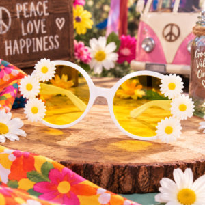 Lunettes Hippie Marguerite avec monture blanche, verres jaunes et fleurs décoratives, idéales pour années 60-70, festival, carnaval et soirée hippie.