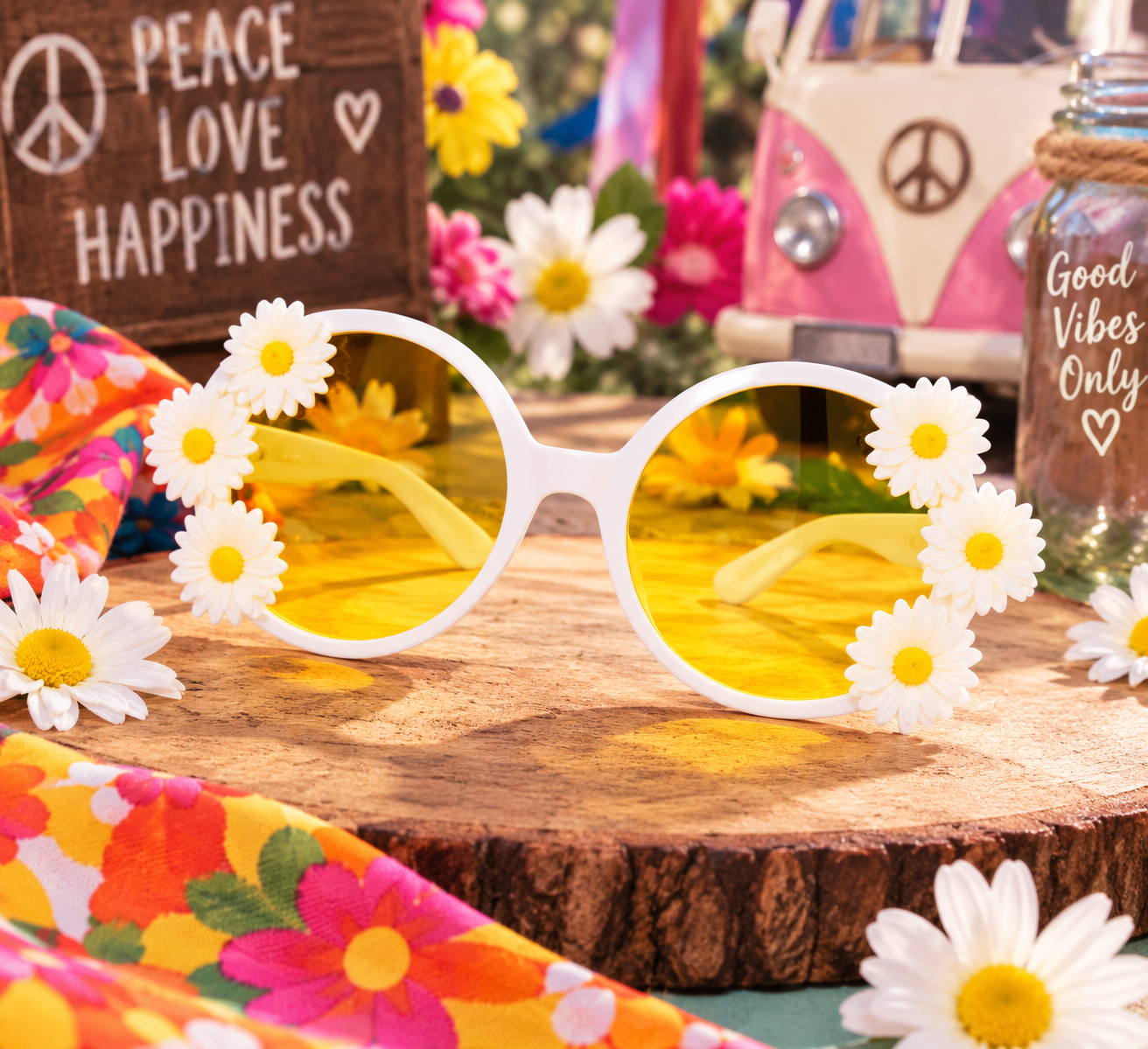 Lunettes Hippie Marguerite avec monture blanche, verres jaunes et fleurs décoratives, idéales pour années 60-70, festival, carnaval et soirée hippie.