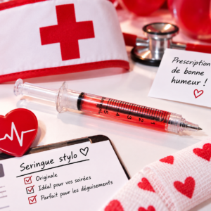 Seringue stylo fantaisie avec liquide rouge décoratif, idéale pour déguisement d’infirmière, médecin, carnaval, soirée à thème et photobooth.