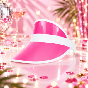 Visière Poker rose fluo et blanche au style rétro, idéale pour soirée casino, Las Vegas, années 80, photobooth et déguisement festif.