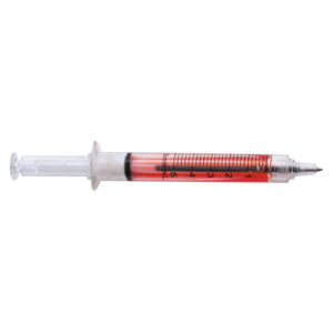 Seringue stylo fantaisie avec liquide rouge décoratif, idéale pour déguisement d’infirmière, médecin, carnaval, soirée à thème et photobooth.