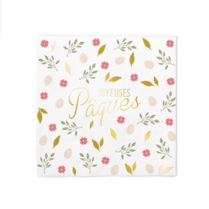 Complétez votre décoration de table avec nos 10 serviettes "Joyeuses Pâques". Un design floral et doré raffiné pour un repas de fête printanier et gourmand !