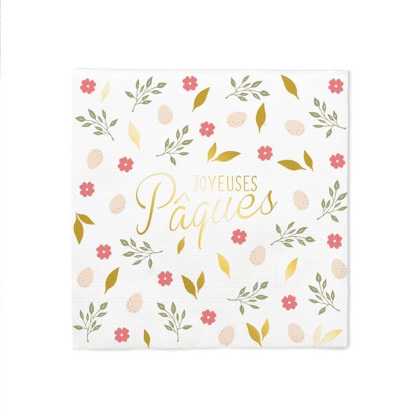Complétez votre décoration de table avec nos 10 serviettes "Joyeuses Pâques". Un design floral et doré raffiné pour un repas de fête printanier et gourmand !