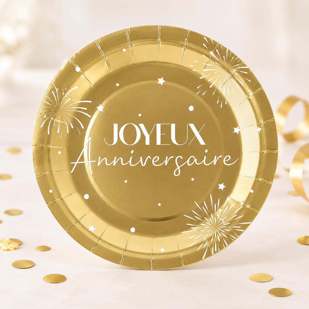 Lot de 6 assiettes Party Chic Or avec inscription Joyeux Anniversaire, parfaites pour une décoration d’anniversaire élégante, festive et dorée.