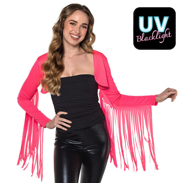 Boostez votre tenue de fête avec notre Boléro à franges disponible en Rose ou Vert ! Réactif aux UV, cet accessoire dynamique est idéal pour les festivals. Choix du coloris en magasin.