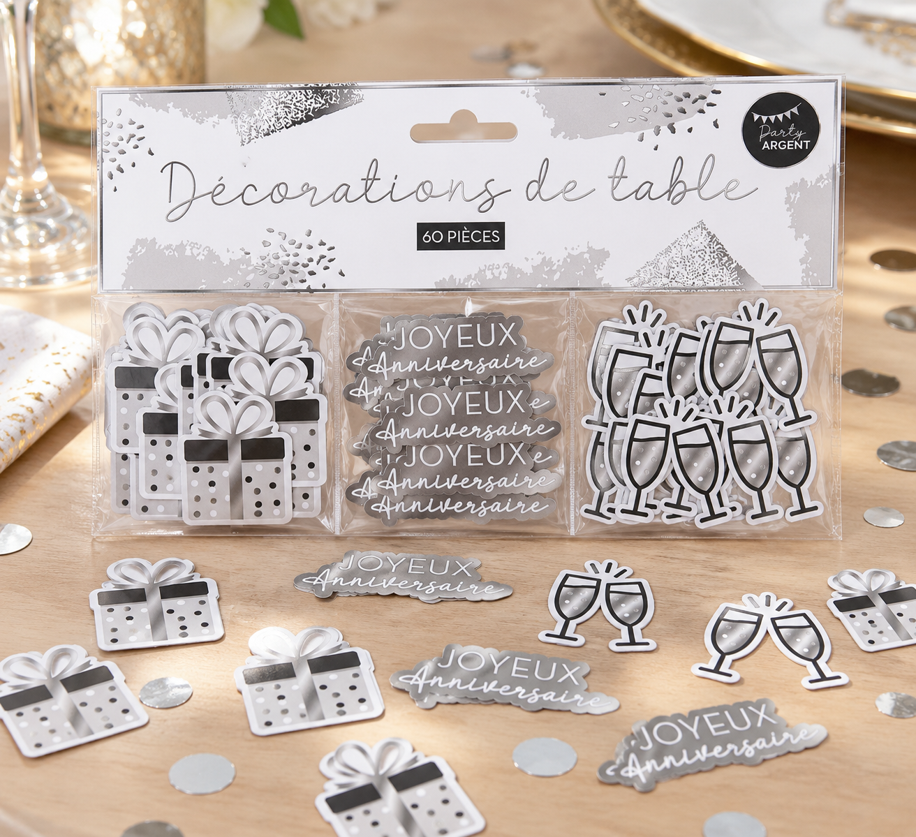 Lot de 60 décorations de table Party Argent avec cadeaux, coupes et inscriptions Joyeux Anniversaire, idéal pour une décoration d’anniversaire chic et festive.