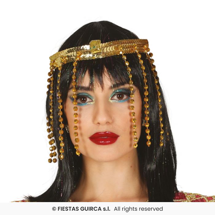 Devenez la Reine du Nil avec notre Diadème de Cléopâtre doré ! Un accessoire de déguisement élégant avec perles et sequins pour vos soirées à thème Égypte.