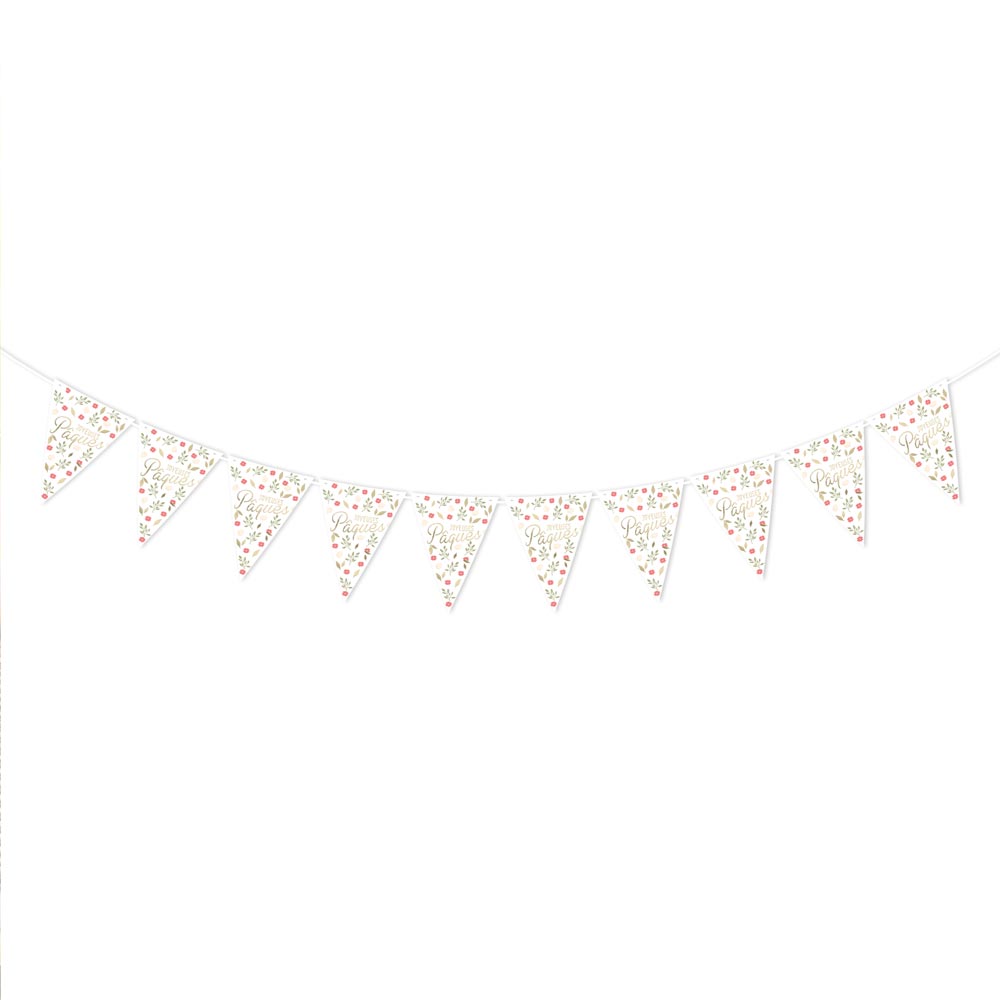 Célébrez le printemps avec notre Guirlande Fanions "Joyeuses Pâques". Un design floral et élégant pour une décoration de Pâques réussie, à la maison ou dans le jardin.