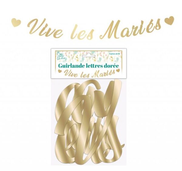 Ajoutez une touche d'or à votre mariage avec notre Guirlande Vive les Mariés ! Une décoration élégante et romantique pour célébrer l'union des nouveaux époux.