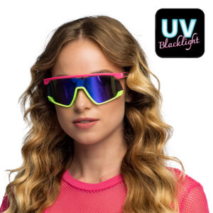 Adoptez un look flashy et rétro avec nos lunettes sport bicolores rose et vert fluo ! L'accessoire indispensable pour vos festivals, soirées années 80 et événements décalés.