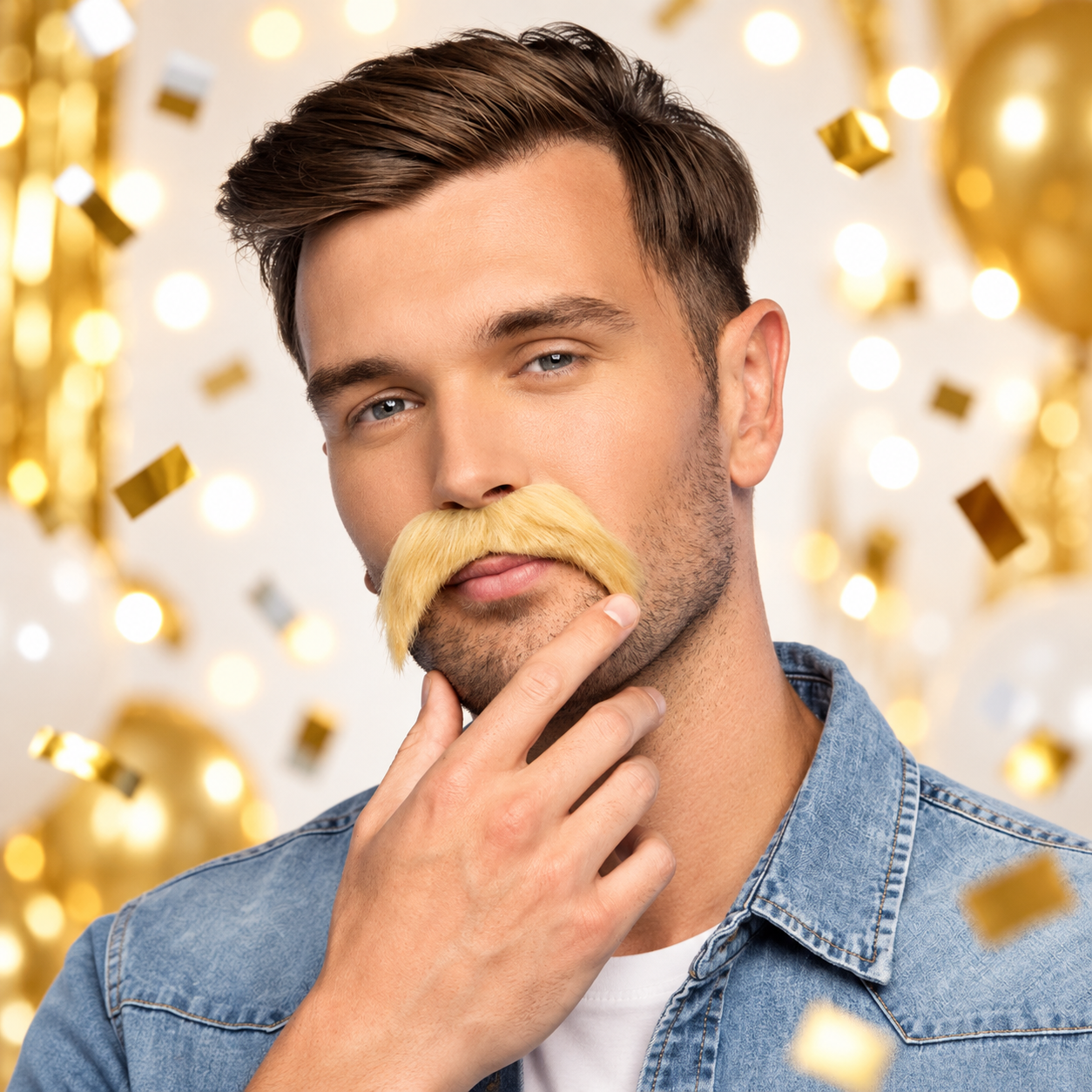 Moustache blonde fantaisie, idéale pour carnaval, déguisement, soirée à thème, photobooth et costume humoristique ou rétro.
