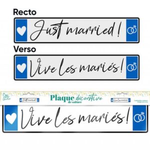 Personnalisez la voiture des mariés avec notre plaque décorative réversible ! "Just Married" ou "Vive les Mariés", choisissez le message parfait pour votre cortège.