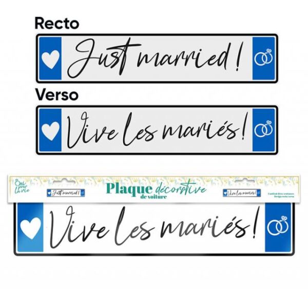 Personnalisez la voiture des mariés avec notre plaque décorative réversible ! "Just Married" ou "Vive les Mariés", choisissez le message parfait pour votre cortège.
