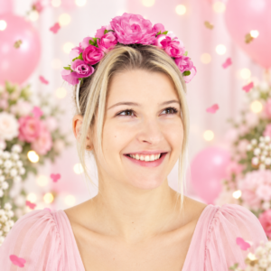 Serre-tête fleurs roses au style bohème et romantique, idéal pour festival, carnaval, EVJF, soirée à thème et tenue festive.