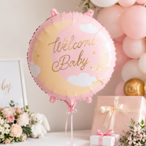Sublimez votre Baby Shower avec le ballon en aluminium "Welcome Baby" rose et or ! Un design lunaire et poétique parfait pour fêter l'arrivée d'une petite fille.
