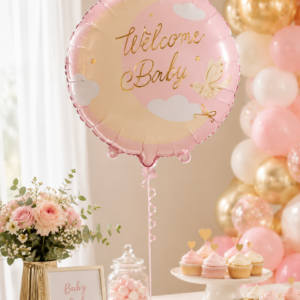Sublimez votre Baby Shower avec le ballon en aluminium "Welcome Baby" rose et or ! Un design lunaire et poétique parfait pour fêter l'arrivée d'une petite fille.