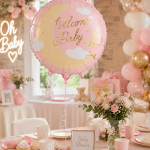 Sublimez votre Baby Shower avec le ballon en aluminium "Welcome Baby" rose et or ! Un design lunaire et poétique parfait pour fêter l'arrivée d'une petite fille.