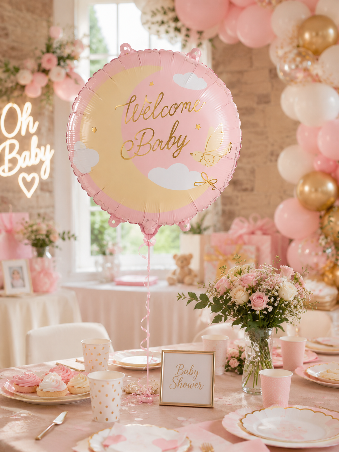 Sublimez votre Baby Shower avec le ballon en aluminium "Welcome Baby" rose et or ! Un design lunaire et poétique parfait pour fêter l'arrivée d'une petite fille.
