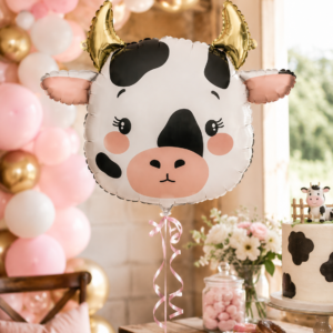 Craquez pour notre ballon tête de vache en aluminium ! Avec ses détails roses et ses cornes dorées, c'est l'accessoire idéal pour une décoration d'anniversaire ou une fête à la ferme.