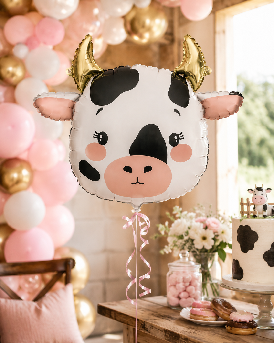 Craquez pour notre ballon tête de vache en aluminium ! Avec ses détails roses et ses cornes dorées, c'est l'accessoire idéal pour une décoration d'anniversaire ou une fête à la ferme.