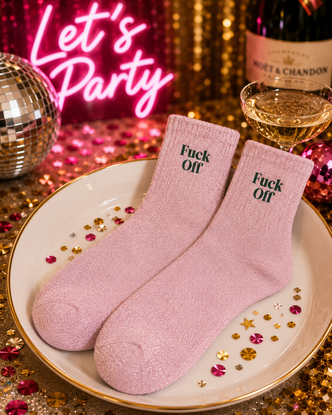 Osez le contraste avec les chaussettes paillettes "Fuck Off" ! Un design rose pastel étincelant combiné à un message brodé audacieux pour un style unique et plein d'humour.