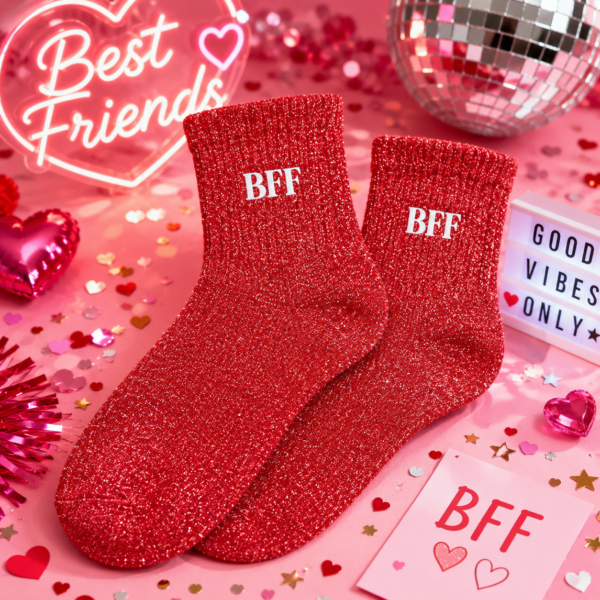 Célébrez votre amitié avec les chaussettes paillettes "BFF" ! Un design rouge scintillant et un message brodé pour un cadeau complice et ultra-stylé.