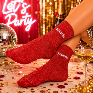 Brillez jusqu'au bout de la nuit avec les chaussettes paillettes "Fêtarde" ! Un design rouge et or scintillant avec message brodé pour un look de fête irrésistible.