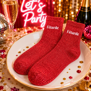 Brillez jusqu'au bout de la nuit avec les chaussettes paillettes "Fêtarde" ! Un design rouge et or scintillant avec message brodé pour un look de fête irrésistible.