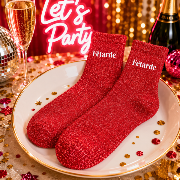 Brillez jusqu'au bout de la nuit avec les chaussettes paillettes "Fêtarde" ! Un design rouge et or scintillant avec message brodé pour un look de fête irrésistible.