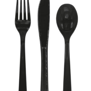 Adoptez un style éco-responsable avec notre lot de 18 couverts noirs réutilisables. Robustes et élégants, ils sont parfaits pour tous vos buffets et fêtes !